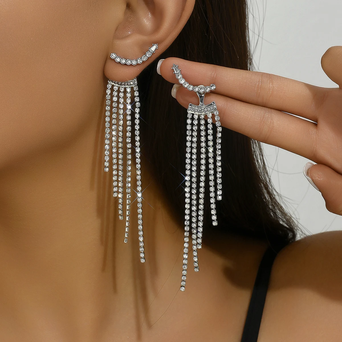 2 Curved Women's Pendant Earrings, Elegant Rhinestone Tassel Long Earrings, Gorgeous Jewelry, Date Gift-4019