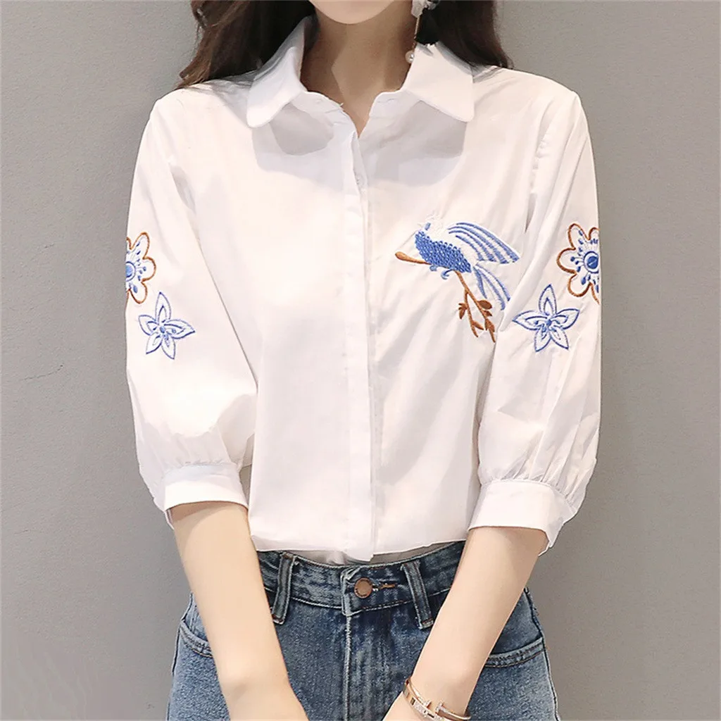 Embroidery Flower Bird Shirt Women Three Quarter Sleeve Elegant White Shirts Turn-Down Collar Blouse Top