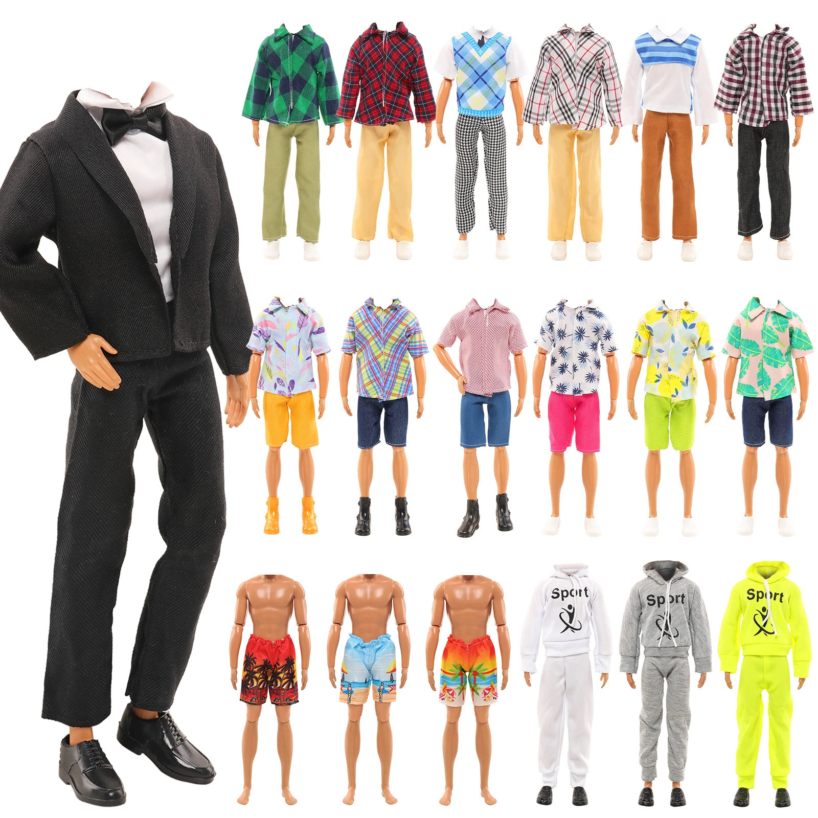 Barwa 10 Pcs 11.5 Inch Fashion For Boy Doll Clothes and Accessories=1 Black Suit 1 Casual Wear Clothes 1 Tracksuit 1 Swimwear