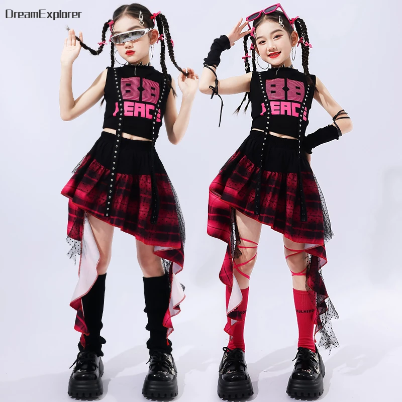 Girls Hip Hop Crop Top Plaid Street Dance Lace Ribbon Skirts Kids Sweet Jazz Cheerleader Costumes Child Streetwear Clothes Sets