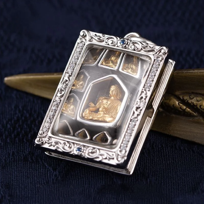 Tibetan Silver Medicine Buddha Pendant Twelve Vows Small Shrine Amulet Necklace Inlaid Crystal Buddhist Talisman Jewelry