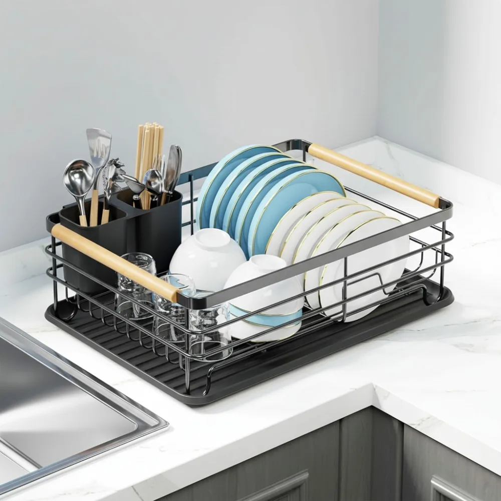 Escurridor de platos de cocina pequeño con mangos de madera, metal engrosado, sin necesidad de montaje para espacios compactos