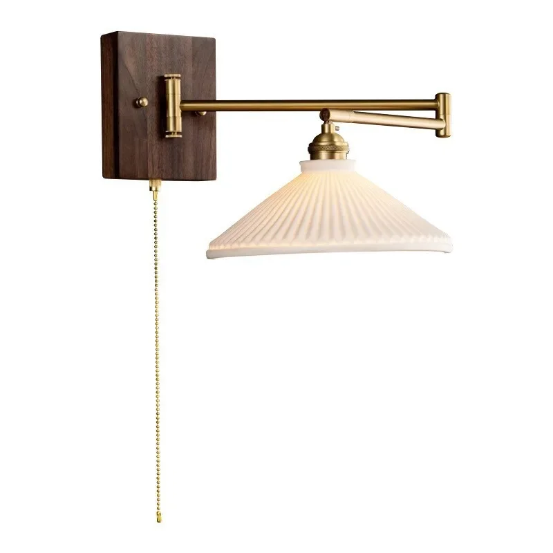 DurableBedside Rocker Arm Wall Lamp Bedroom American Retro Japanese Black Walnut Solid Wood Wabi-sabi Wind Wall Lamp Three-color