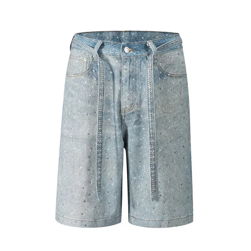 

HELLOMARCEL Top Quality European And American High Street Washed Diamond Rhinestone Draw String Denim Short Jeans