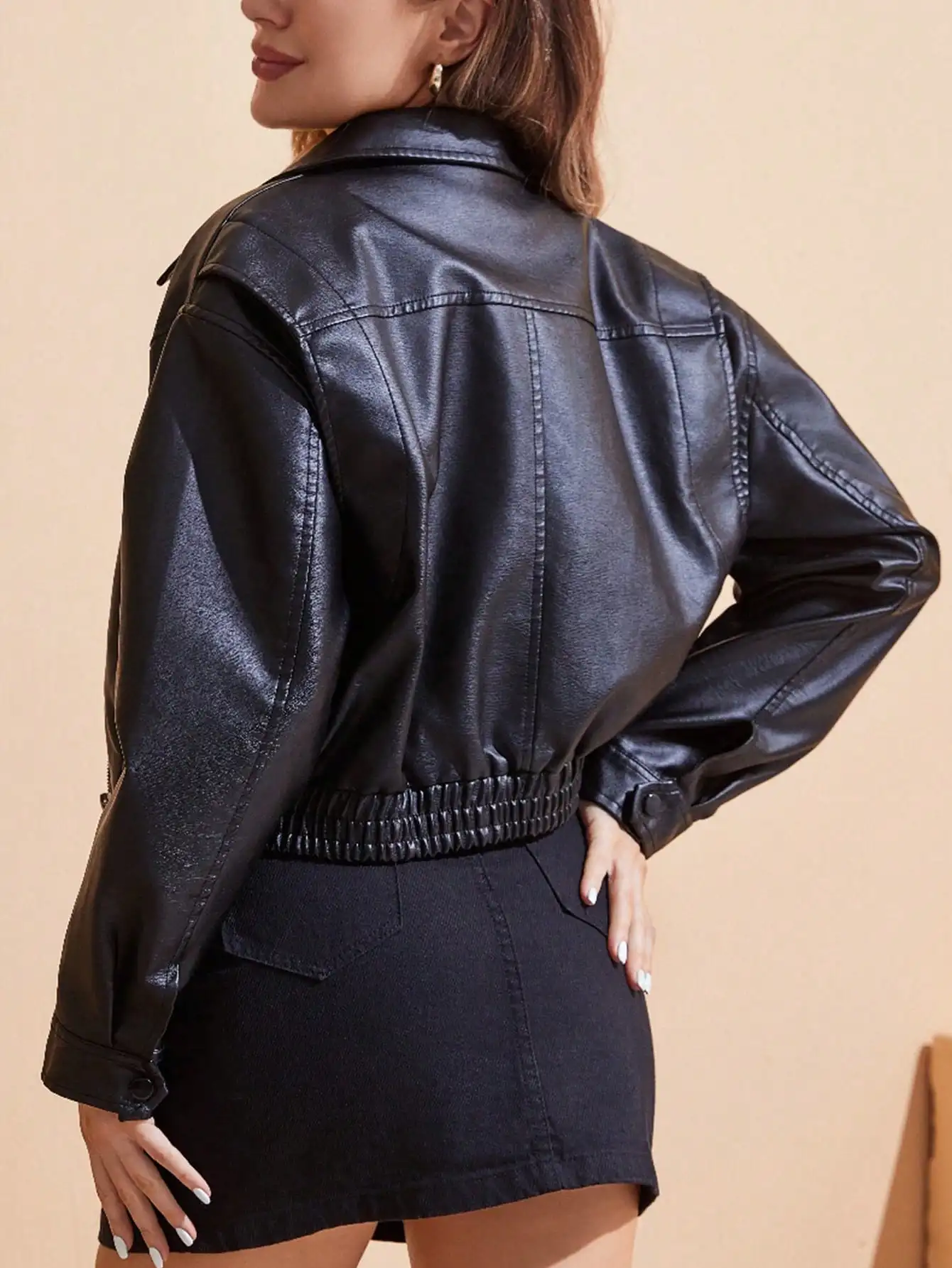 A Punk Street Elastic Hem Drop Shoulder Zipper Fly Lapel Collar PU Leather Crop Spring Moto Jacket