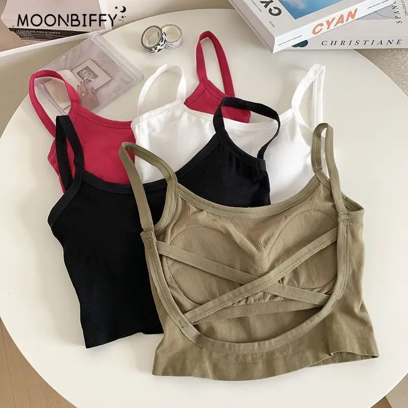 

Spaghetti Strap Camis Summer Solid Sleeveless Hollow Out Cross Belt Tank Tops Sports in Bras Women Streetwear Sexy New Vest