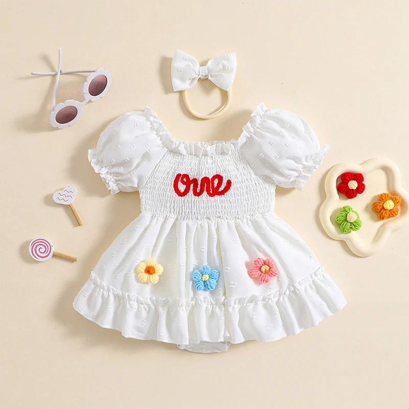 

Newborn Girl Clothes Short Sleeve Flower Embroidery Romper Dress Headband Set One Year Old Birthday Outfit