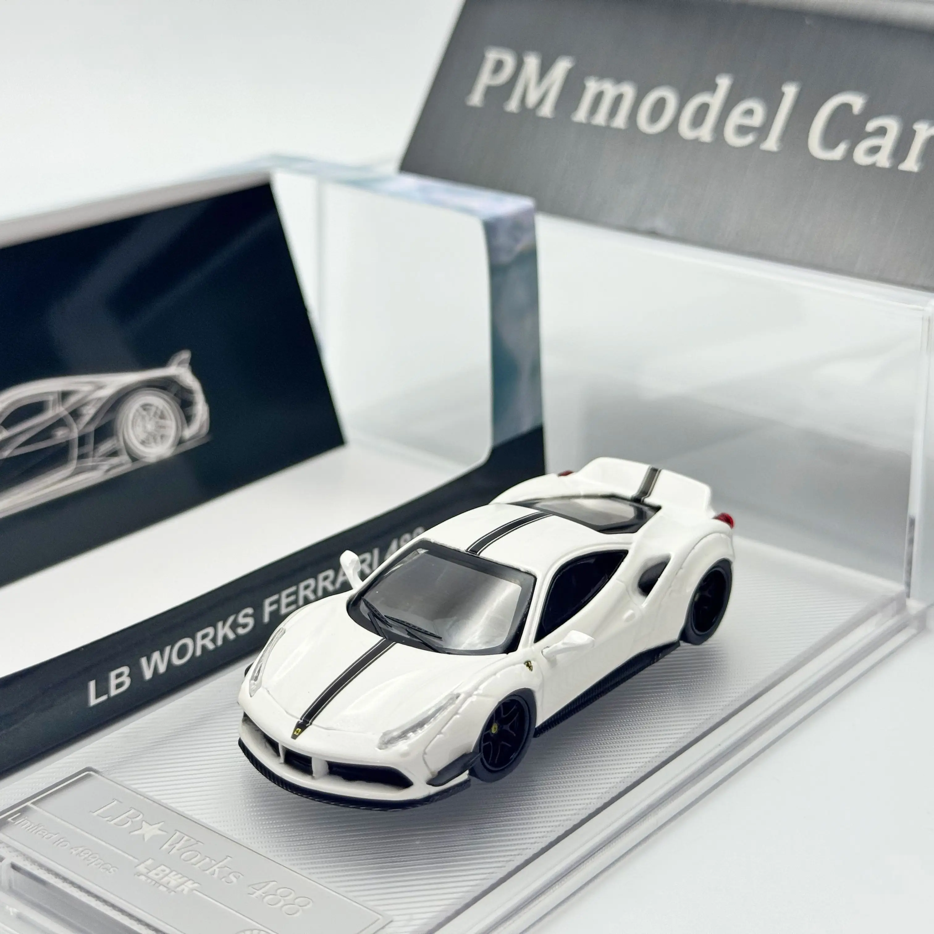 PM 1:64 Prancing Horse 488 LBWK Supercar White Alloy Diecast Model Car Collectible