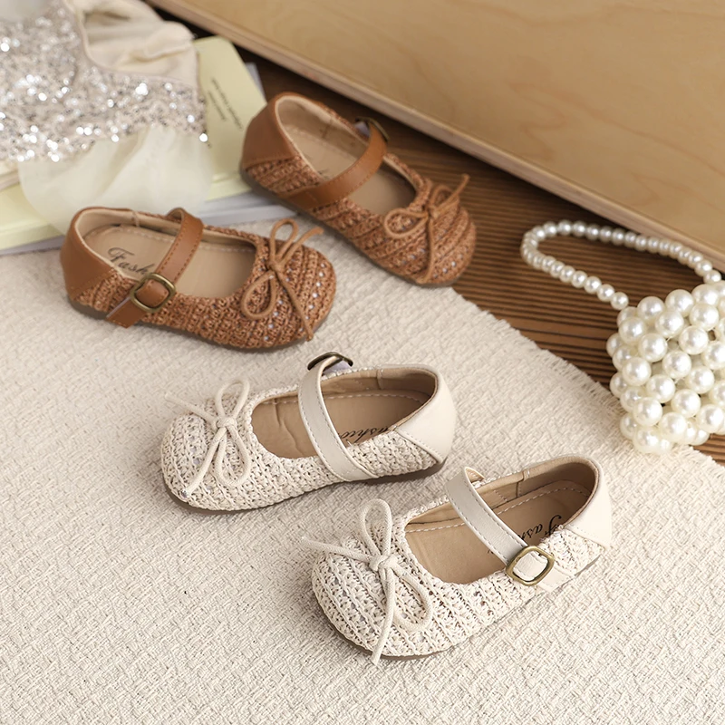 Girls Weave Mary Jane Shoes with Bow-knot Children Flats Leather Shoes for Party Wedding Soft Sole Little Kids Performance Shoes