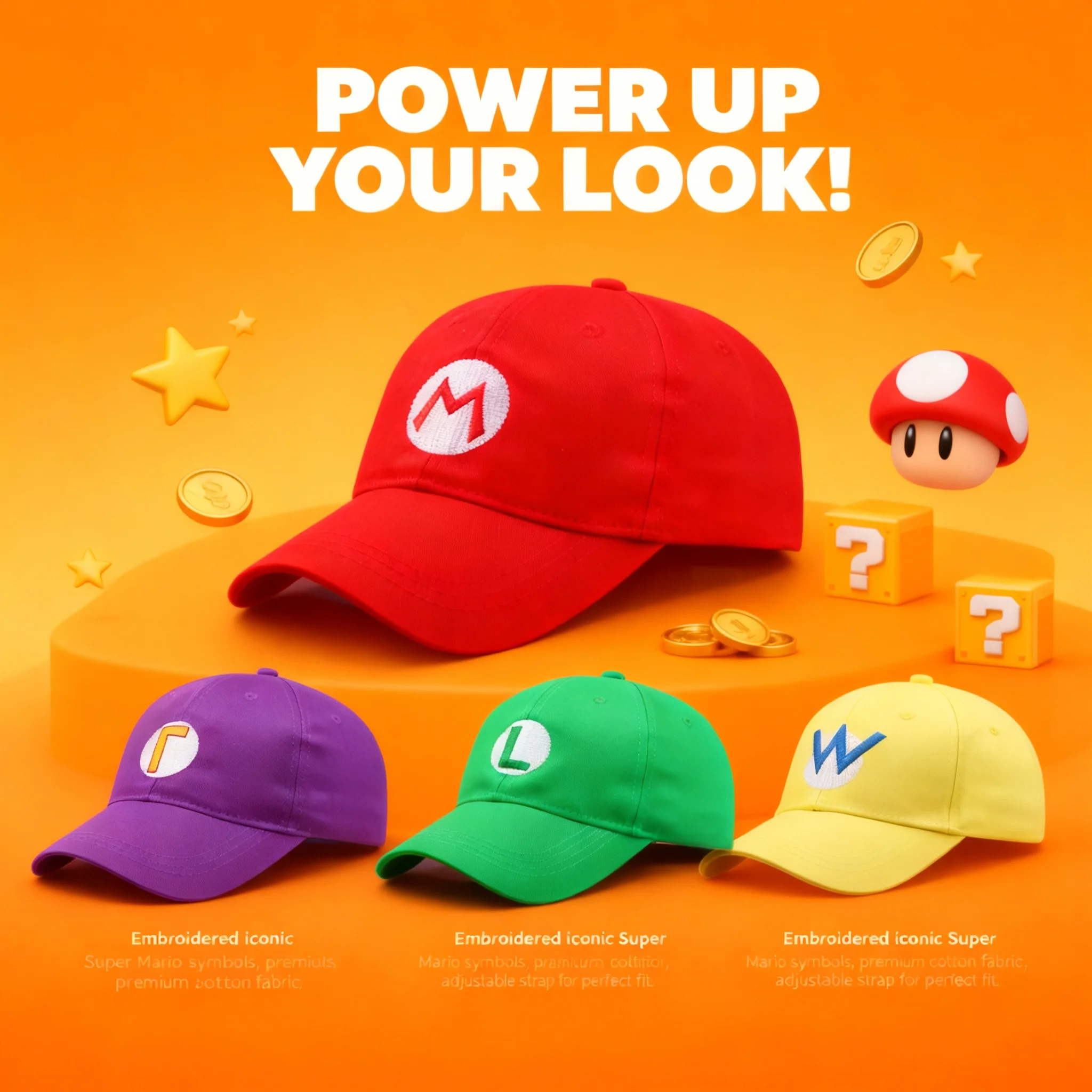 

Mario Super Bros Baseball Cap Embroidered Adjustable Sunshade Cartoon Game Anime Cosplay Christmas Birthday Gift for Family