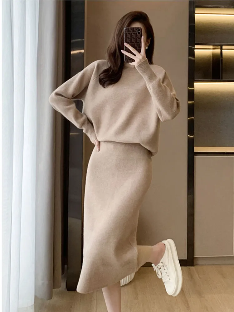 Minimalism Solid Knitted Two Piece Sets Women Outfits Elegant Raglan Sleeve Loose Sweater and Split Mid Skirt Sets