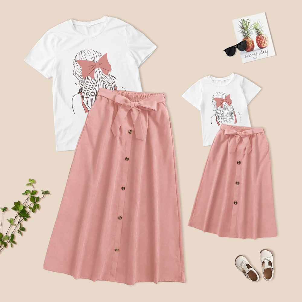 ZAFILLE Mother Kids Family Matching Outfits Ponytail Print Top Bowknot Dress Summer Mom Daughter Clothing Set Mommy And Me Suit