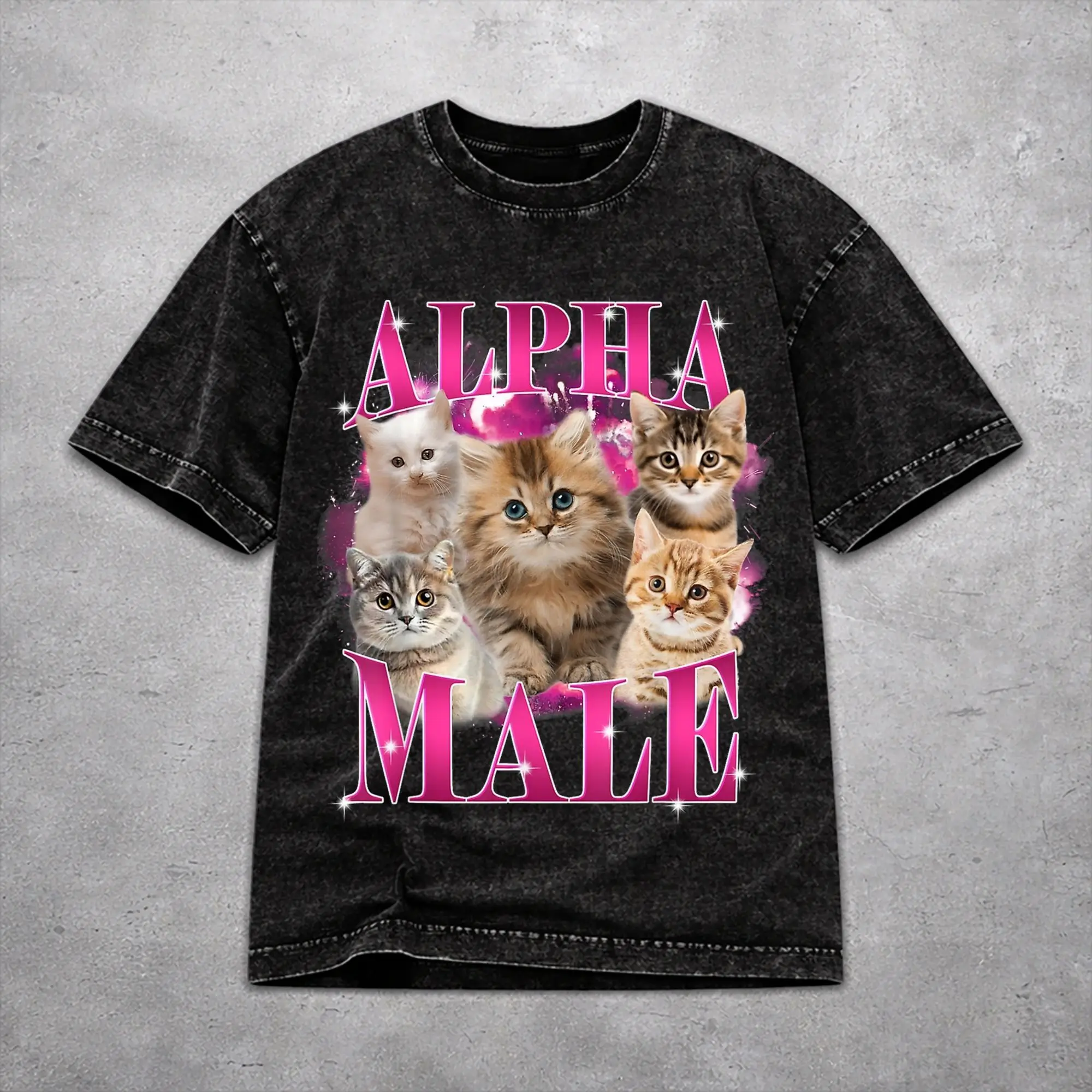 Hip Hop Alpha Male Cat Kitten Funny  Outfit T Shirt for Men Women  Washed Style Tee Shirts Clothing