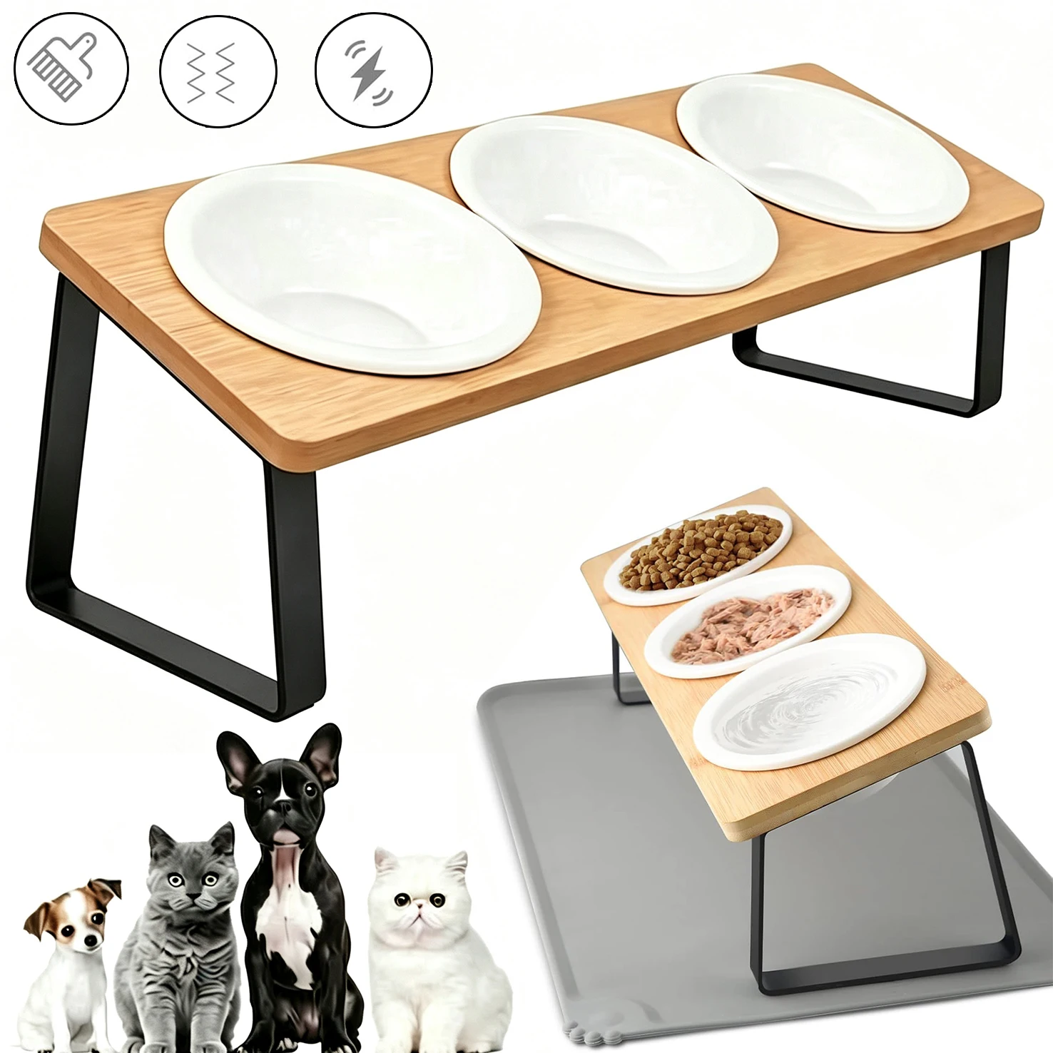 Bols surélevés en céramique pour chats, plats surélevés pour chiots, pour nourriture et eau, support en bois incliné et tapis pour nourriture, pour chats d'intérieur, nourriture sèche, nourriture humide et eau, orthopédique, réduit les vomissements