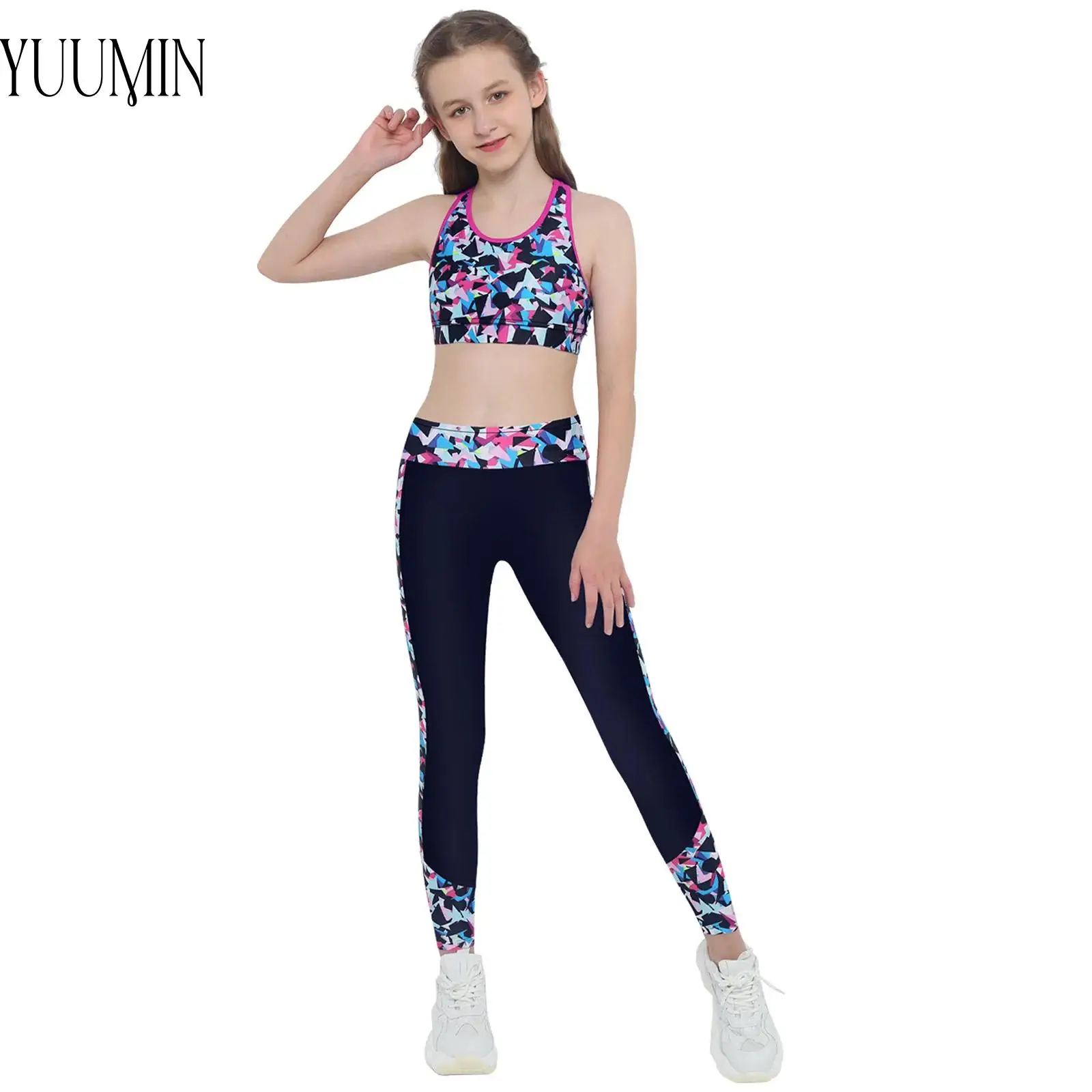

Kids Girls Gymnastics Yoga Tracksuit Outfit Sleeveless Crop Top with Leggings Ballet Dance Workout Costume Sportswear Dancewear