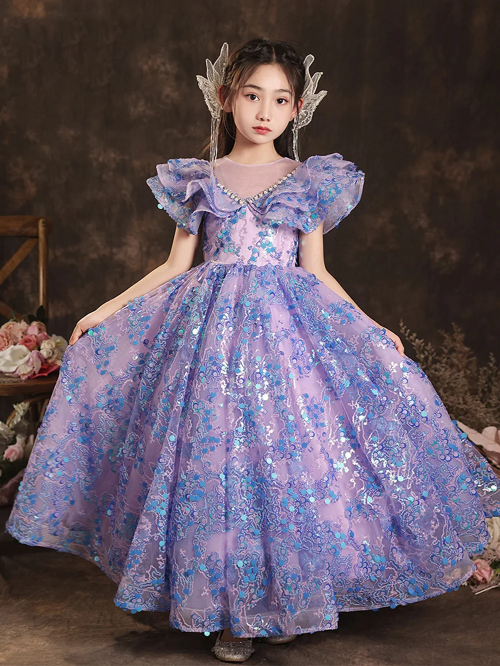 Children Light Luxury Purple Princess Dress Shinning Big Sequins Beading V-Neck Puff Tiered Flying Sleeved Girls Party Gown