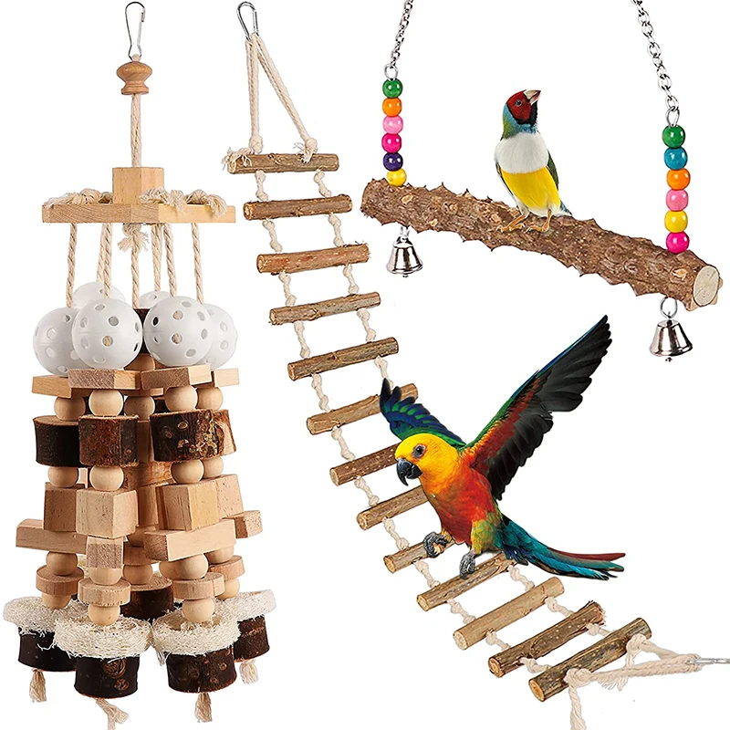 

Pet Bird Parrot Toys Natural Wood Block Bird Chewing Toys with Ladder Swing Stand for African Grey Cockatoos Parrots Large Birds