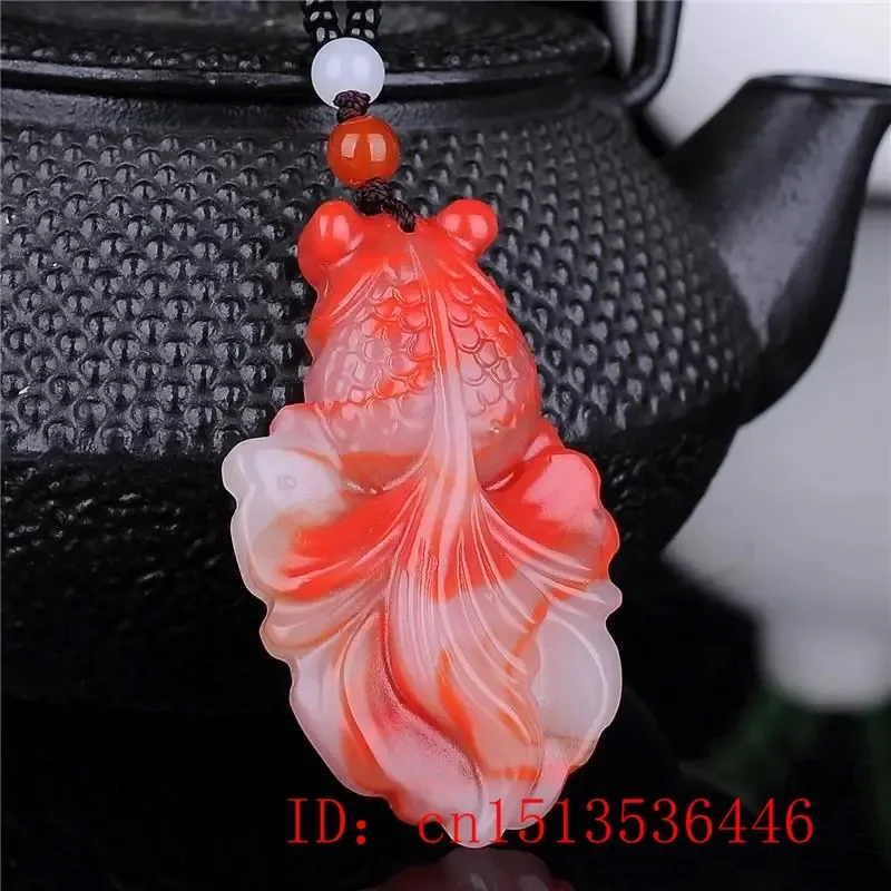 Natural Red White Jade Goldfish Pendant Necklace Charm Jewellery Fashion Accessories Hand-Carved Man Luck Amulet Sweater Chain