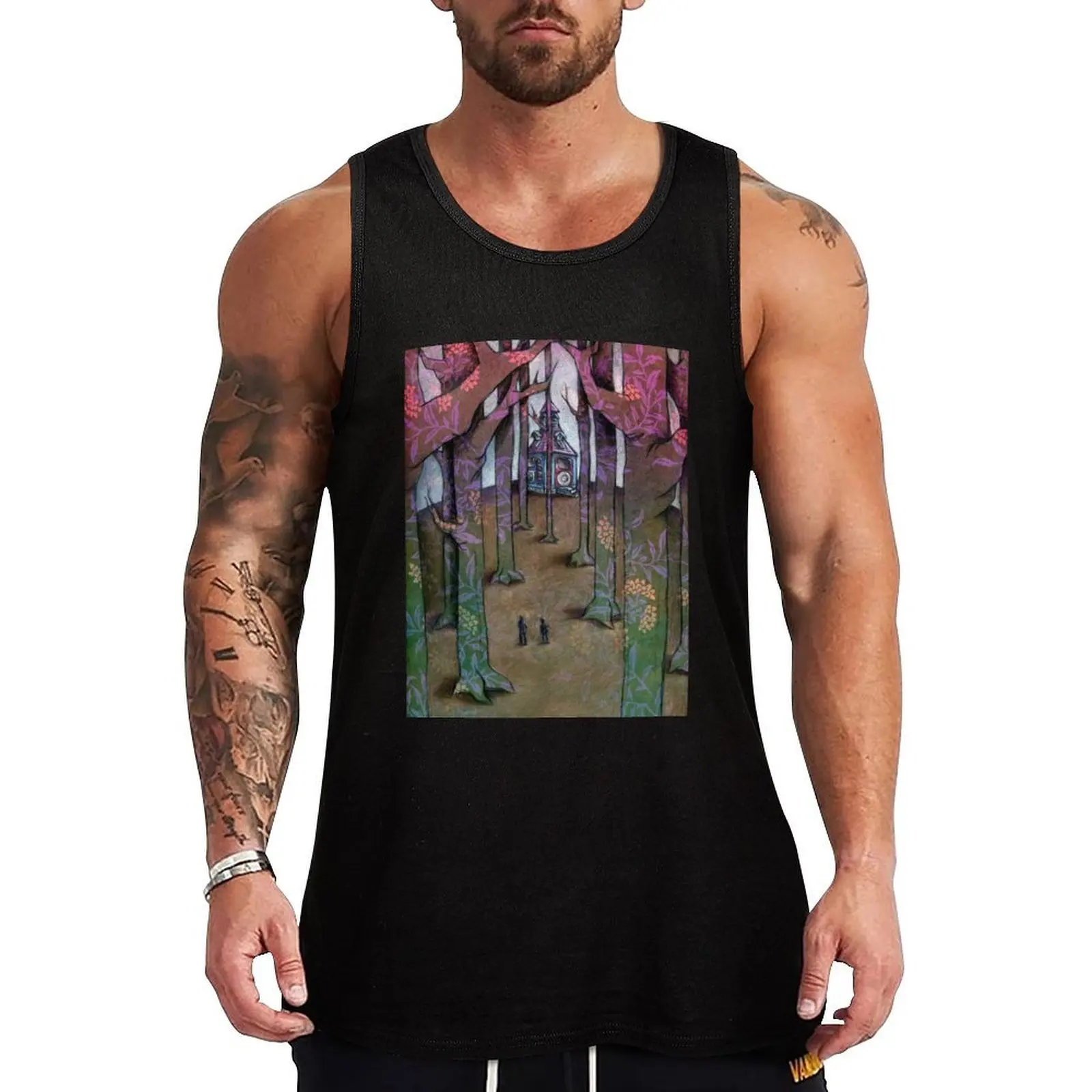 Camiseta sin mangas con estampado retro de Hansel y Gretel en el bosque, camiseta sin mangas con estampado vintage de Hansel y Gretel en el bosque