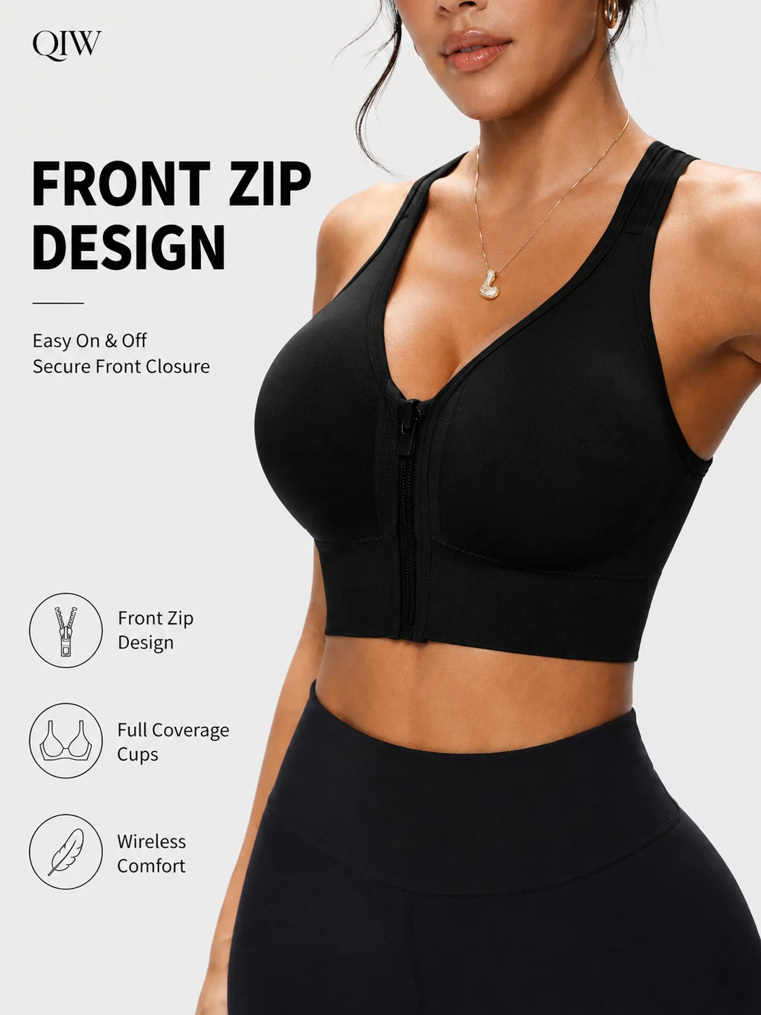 Underwire Bra Padded - QIW Women's Zip Front Solid Color