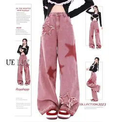 Amerikanische Retro-Jeans Fünf-Punkte-Stern Raw Edge Spleißen lose Jeans mit weitem Bein Frauen sehen dünn aus trend ige All-Match-Wisch hosen Frauen