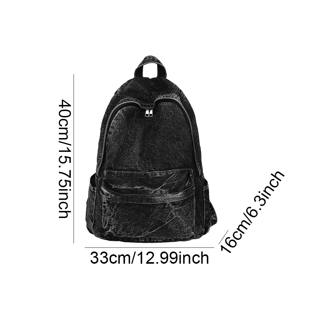 Shoulder Bag for Women Men Multi-pocket School Bag Denim Zipper Retro Rucksack Solid Daypack Travel Gym Bag