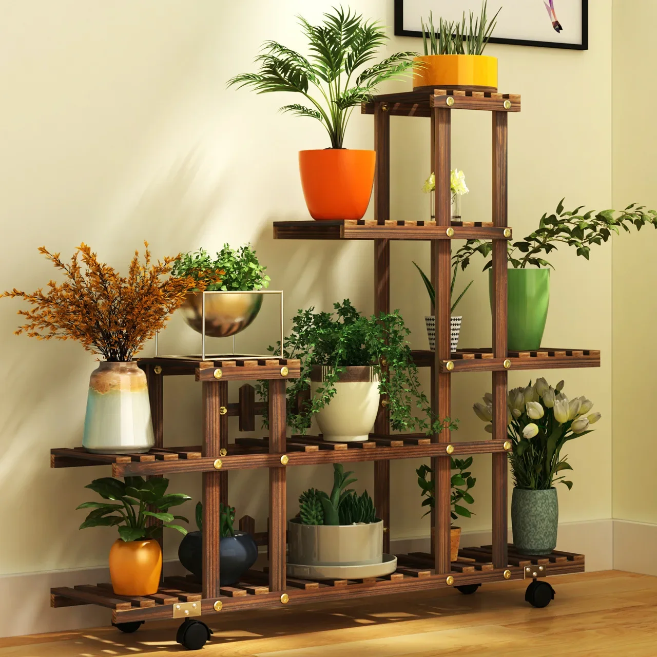 Rak Bunga Balkon Rumah Tangga Kayu Solid Multi-layer Rak Pot Sukulen Indoor Outdoor Ruang Tamu Rak Pot Gantung Bonsai Meja
