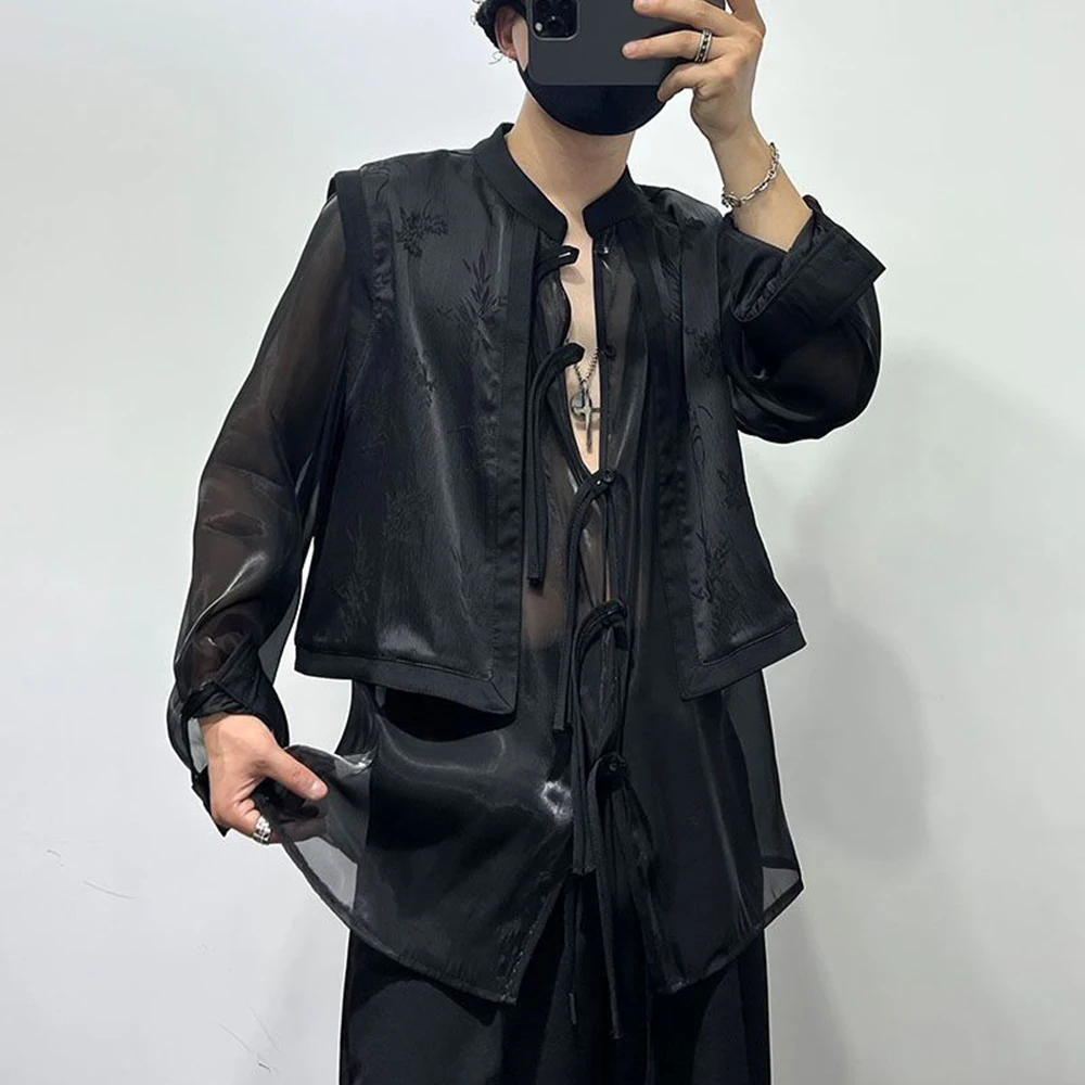 

Mens Autumn Winter Dark Sexy See-Through Fake Two-Piece Vest New Fashion Printed Stitching Hollow Stand-Up Collar Shirt Unisex