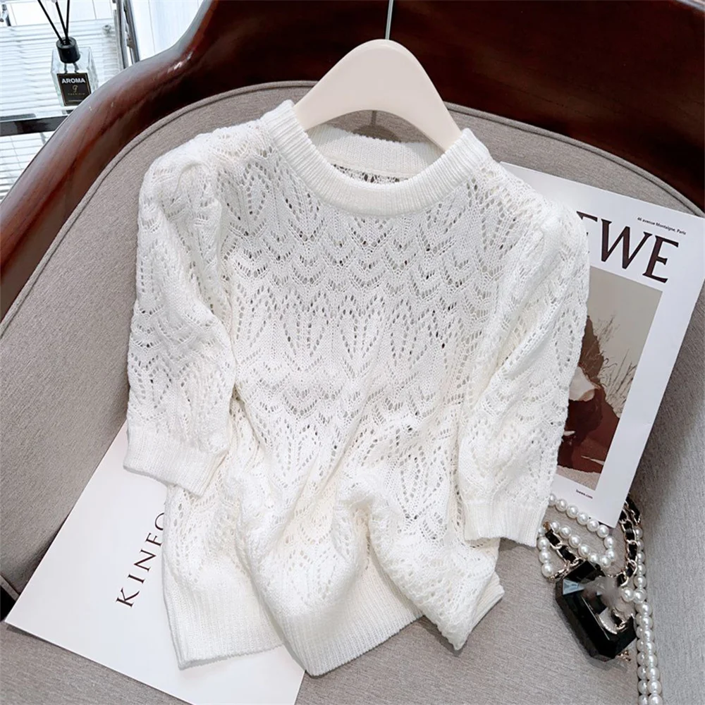

Women Clothes Thin Hollow Out Short Sleeve Knit Pullover Summer Korean Style Fashion Elegant O-neck T-shirt All-match Solid Tops