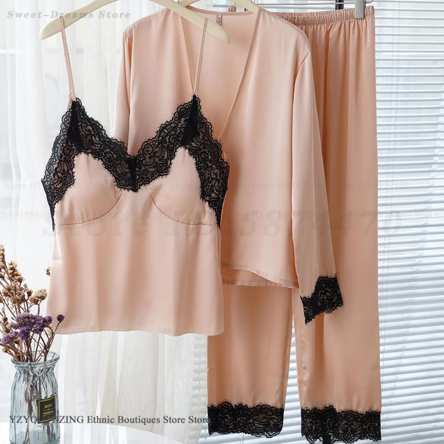 

Летняя пижама Mujer, одежда для дома, сексуальная сорочка с кружевной отделкой, нижнее белье, одежда для сна, шелковистый атлас, пижамный комплект из 3 предметов, домашняя одежда, женская пижама
