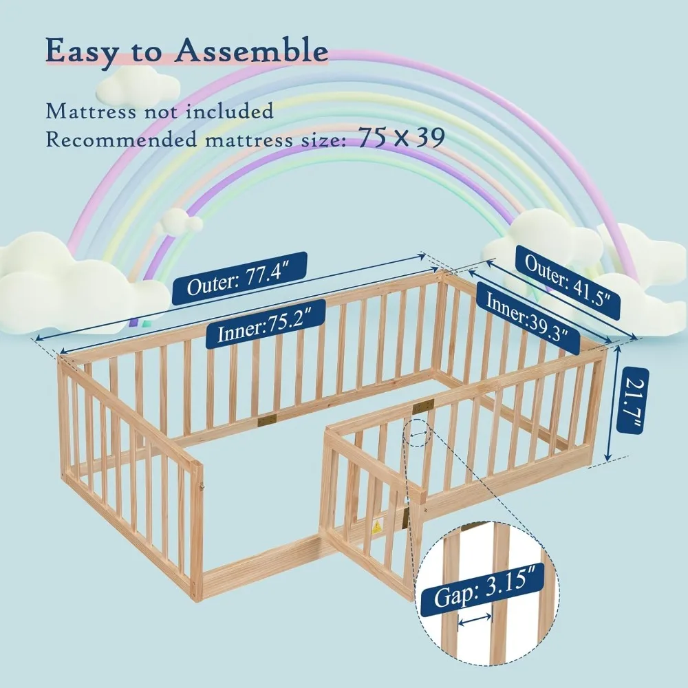 Montessori Twin Floor Bed with Safety Guardrails, Door Installs Left or Right, Wood Frame - Nature