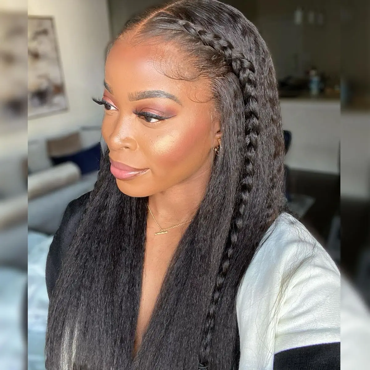 180 الكثافة طويل غريب مستقيم الدانتيل الجبهة خصلات الشعر المستعار ياكي مستقيم 13x4 الدانتيل الجبهة الباروكات للنساء السود ألياف مقاومة للحرارة شعر مستعار