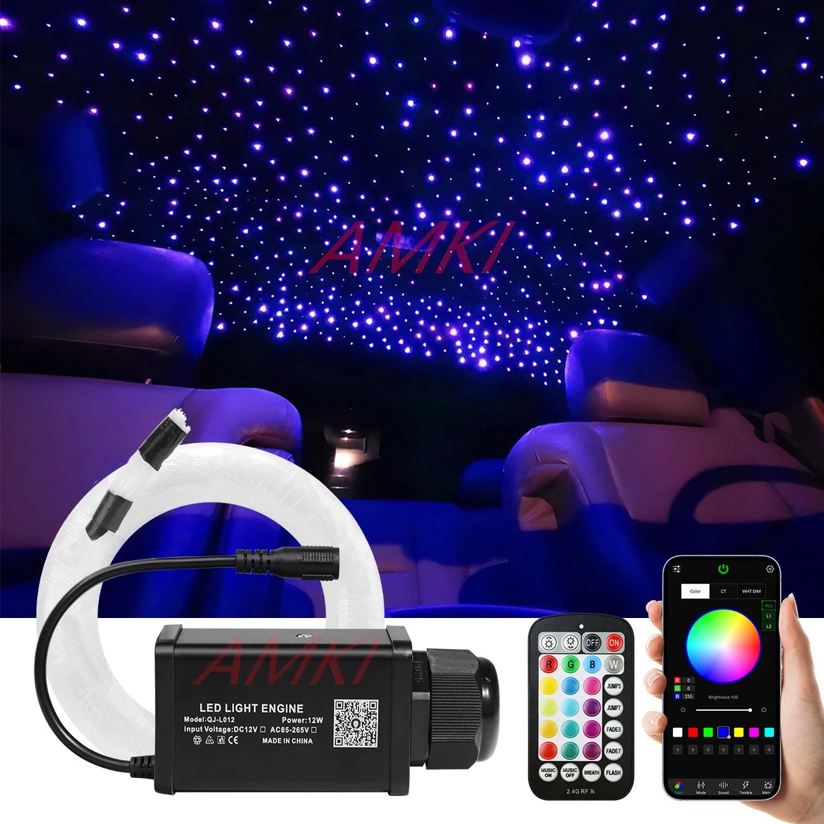 

DC12V 12W RGBW Starry Sky Ceiling Light Kit for Car Interior with 2.4G Remote & Bluetooth App Control Fiber Optic Ambient Lamp
