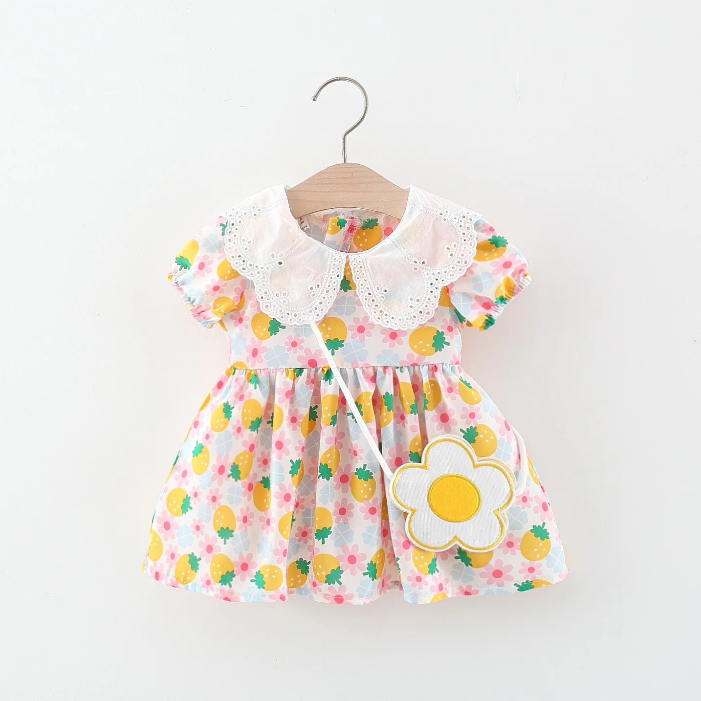 2Pcs/SetSummer full of strawberries rolled collar cotton dress for girls short sleeved dress with small flower bag as a gift