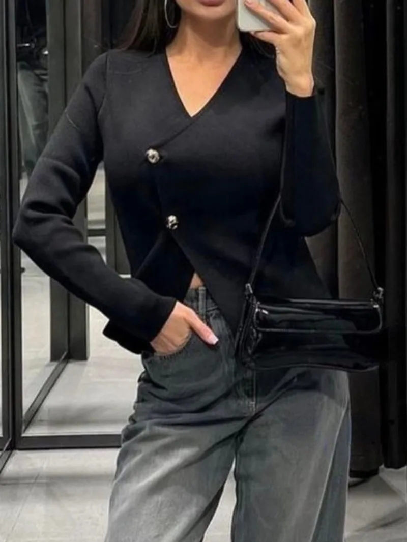 Autumn Balck Cardigans Sweater Tops 2024 New Women Fashion Casual V-neck Asymmetric Knitted Sweater Jacket Female Cardigans