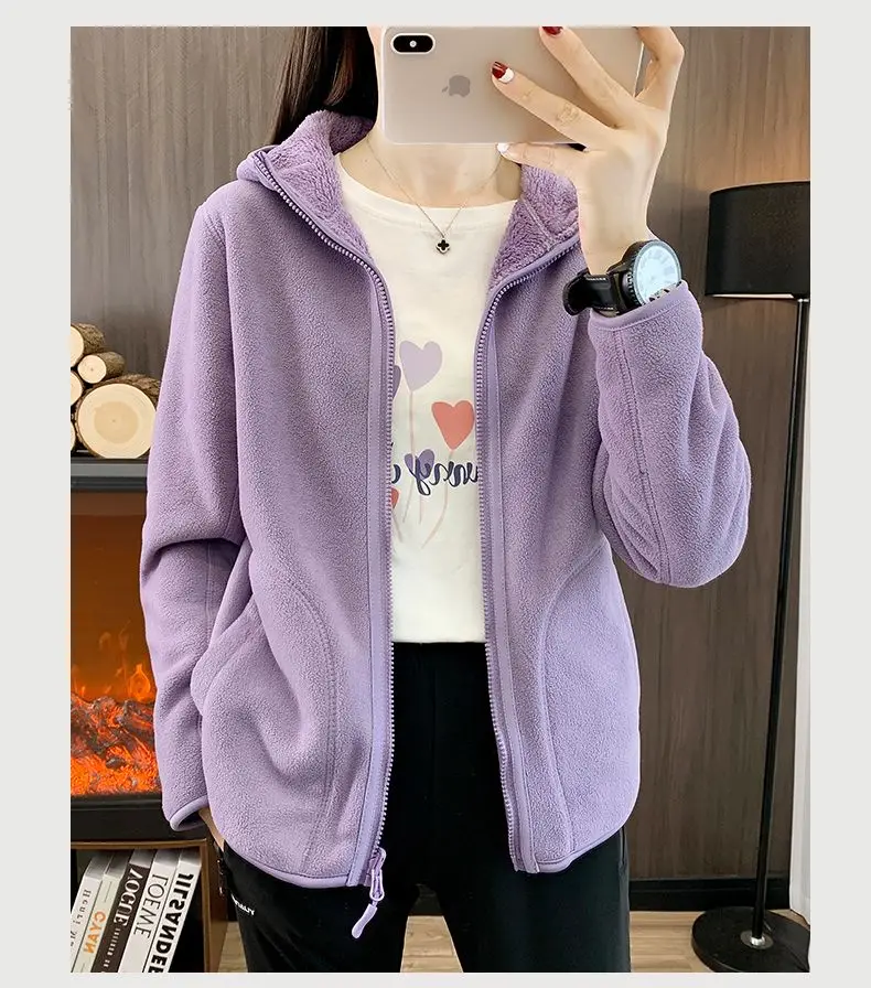 Zip-up Hooded Double-sided Wear Flannel Sweatshirt Women Thick Slim Fleece-lined Jacket Outdoor Sports Y2k Autumn Winter Coat