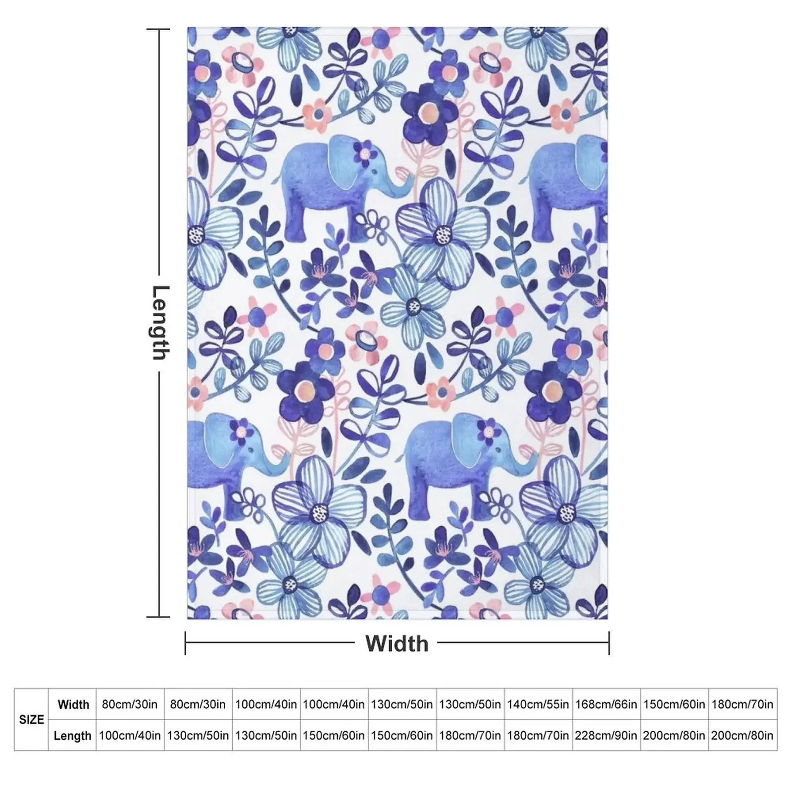 Pale Coral, White and Purple Elephant and Floral Watercolor Pattern Throw Blanket Luxury Designer Quilt Beach Blankets