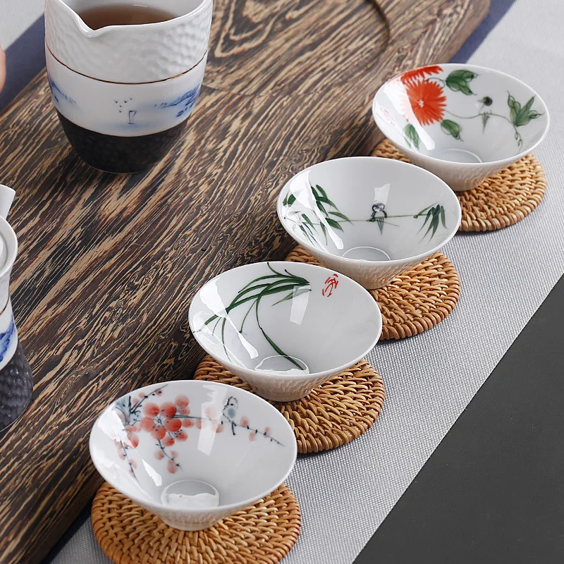 Blau-weiß handbemaltes Keramik-Teeservice mit dünnem Rand, Kung-Fu-Teebecher, kleine Teetasse, einzelne Teetasse, große Meistertasse