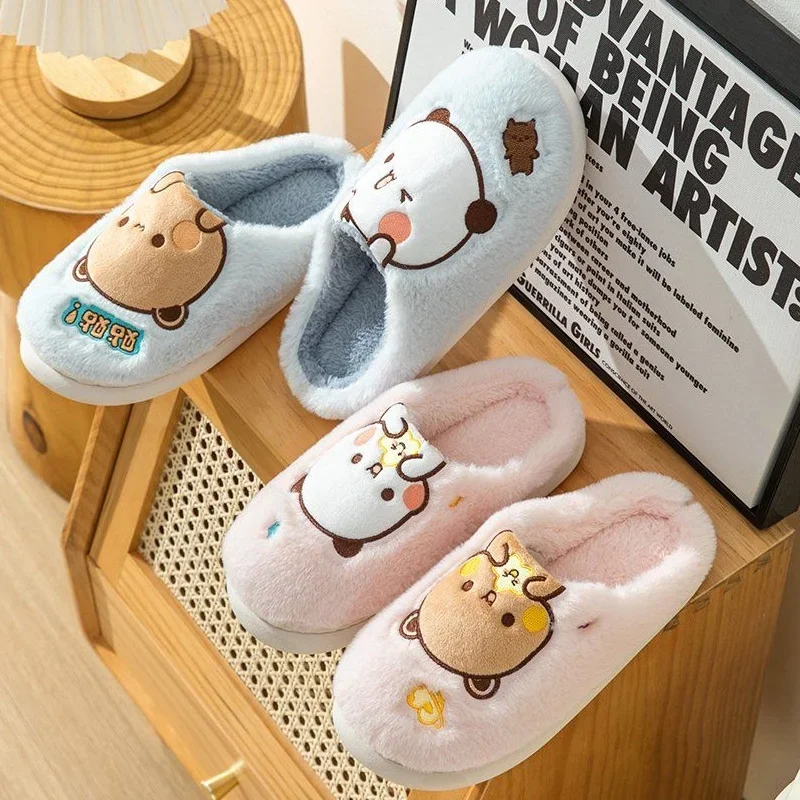 Anime bubu dudu urso chinelo de pelúcia dos desenhos animados casal chinelos inverno lazer casa ao ar livre anti deslizamento fundo grosso sapatos algodão quente