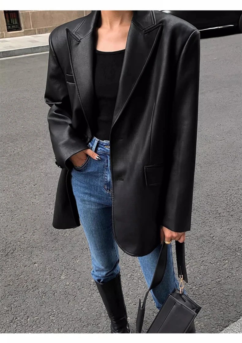 Lautaro Autumn Black Brown Soft  Pu Leather Blazer Women Shoulder Pads Long Sleeve Single Breasted Loose Casual Korean Fashion