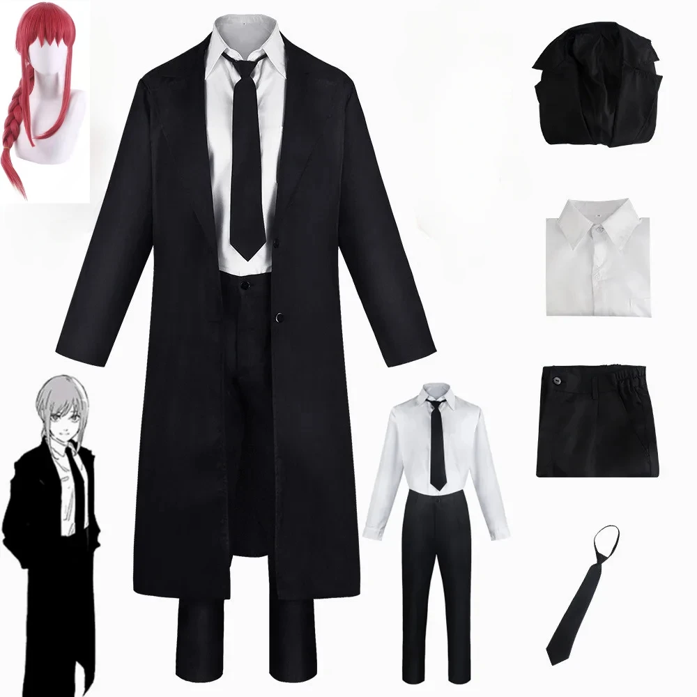 Anime Chainsaw Man Makima Cosplay Costume Black Trench Shirt Tie Pants Makima Wig Long Light Red Braid Men Women Suit Uniforms