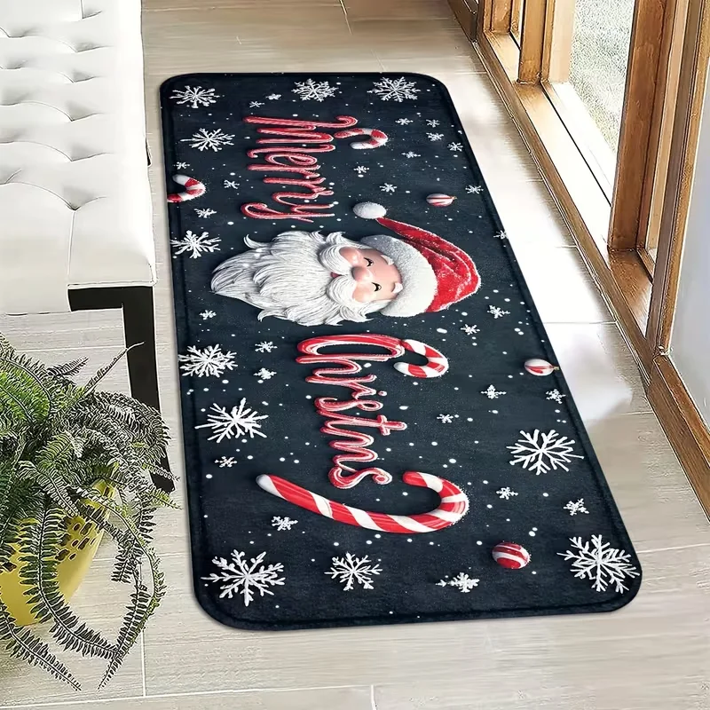 Merry Christmas Santa Claus Runner Rug Soft Long Floor Mat Candy Cane Snowflake Hallway Kitchen Bedroom Holiday Decor Rug