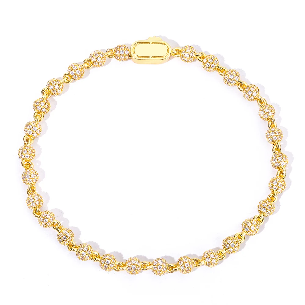 

Full Diamond Round Bead Diamond Bracelet Women's Premium 4mm Gold Plated Spring Buckle Men's Hip Hop Accessories