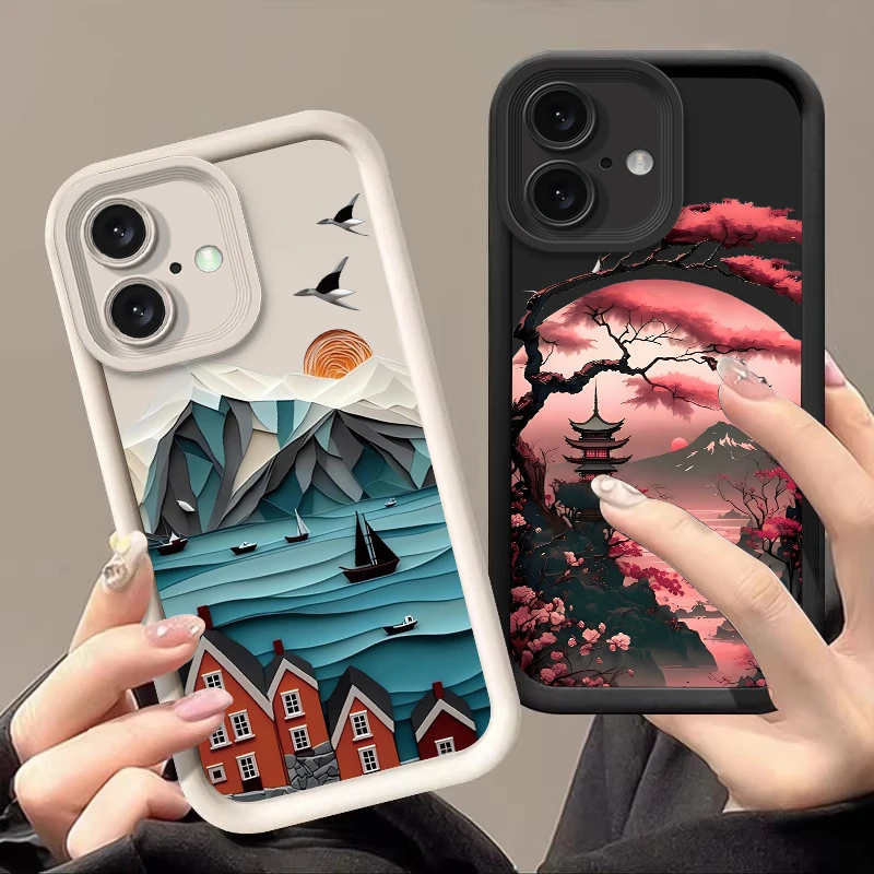 

House and Ship For IPhone 16 11 13 14 12 Pro Max 15 Plus SE 2020 X XR XS Max 8 7 Plus Mini black Soft Silicone Phone Case