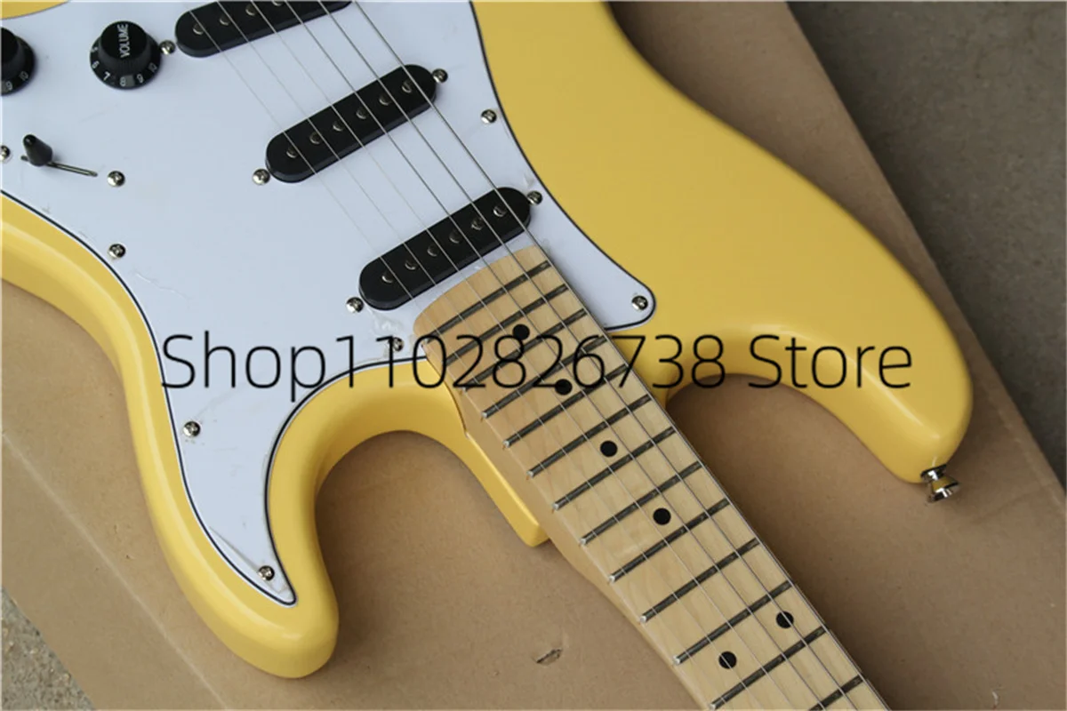 Stra Electric Guitar Yellow Body Black SSS Pickups White Guard Maple Fingerbard Factory Custom