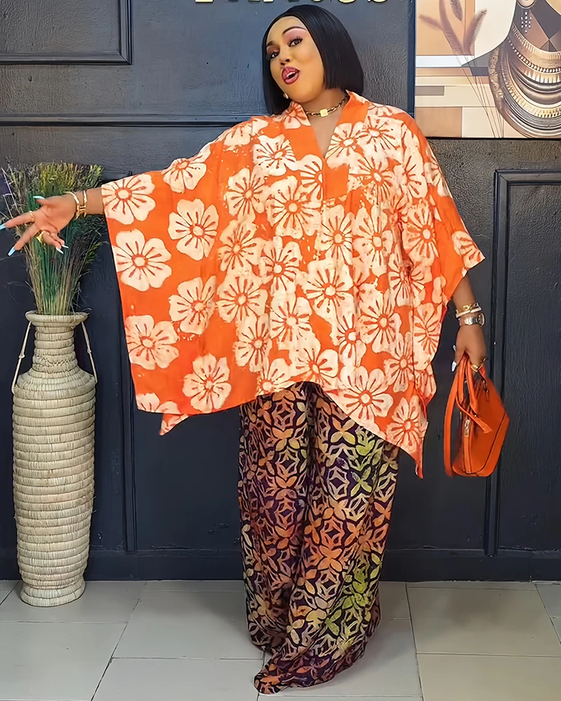 Two 2 Piece Set V-neck Clothes for Women African Print Dresses Vacation Outfits 2025 Tops Pant Sets Dashiki Ankara Turkey Dames