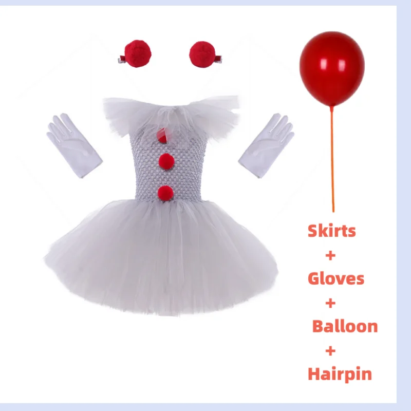 Halloween Girls Pennywise Tutu Dress Kids Cosplay Scary Gray Clown Costume Girl Carnival Party  Dress Up Clothing