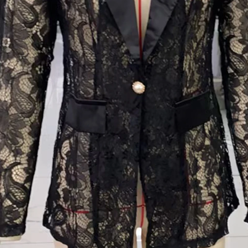 

Women's Fashion Blazer Floral Lace Mesh Single Button Lapel Long Sleeve Elegant Jacket Blazer Suit Jacket
