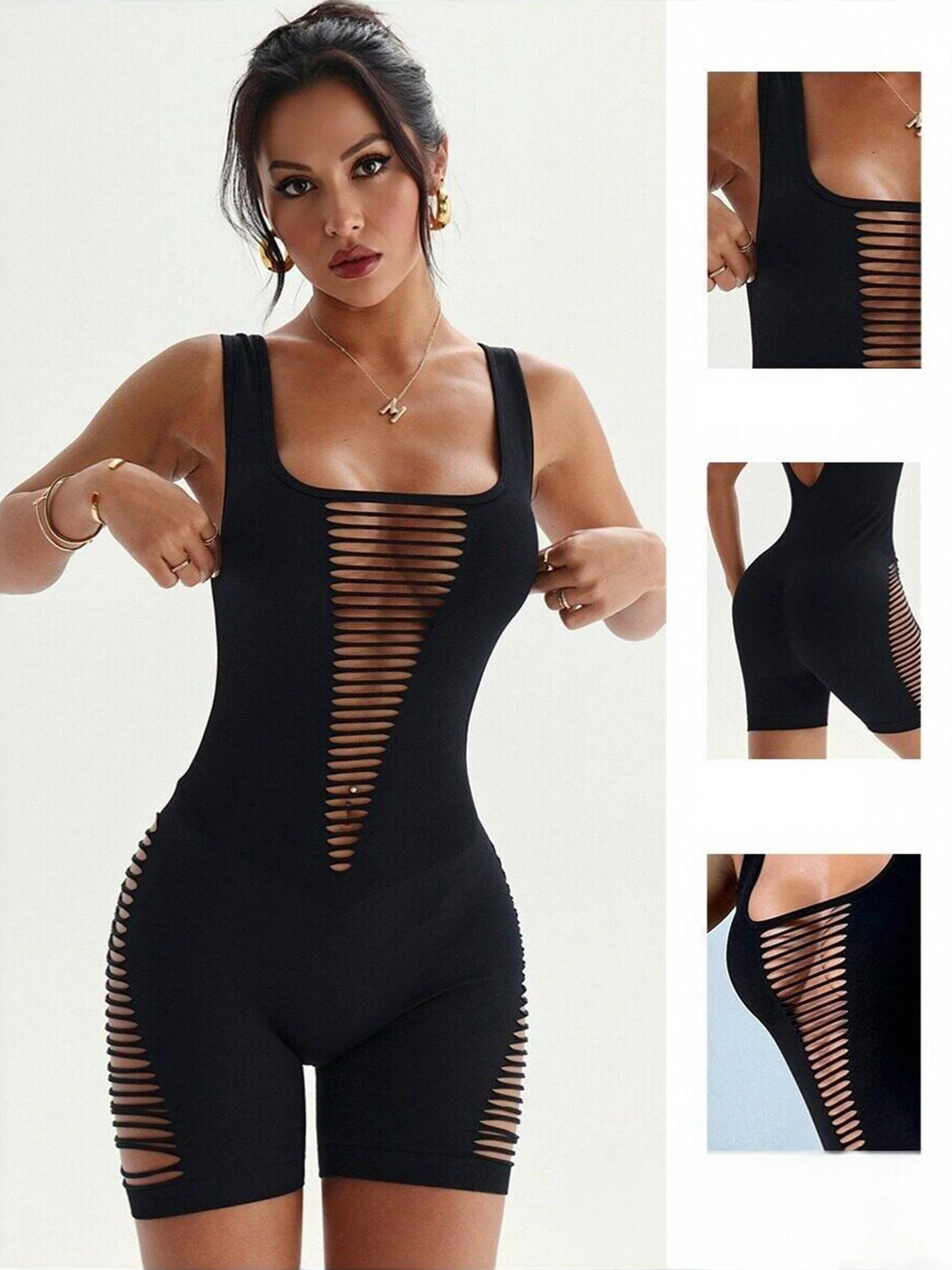 

Women Stretchy Hollow Out Backless Square Cut Sleeveless Athletic Bodysuit Breathable Quick Dry Lightweight for Yoga Workout