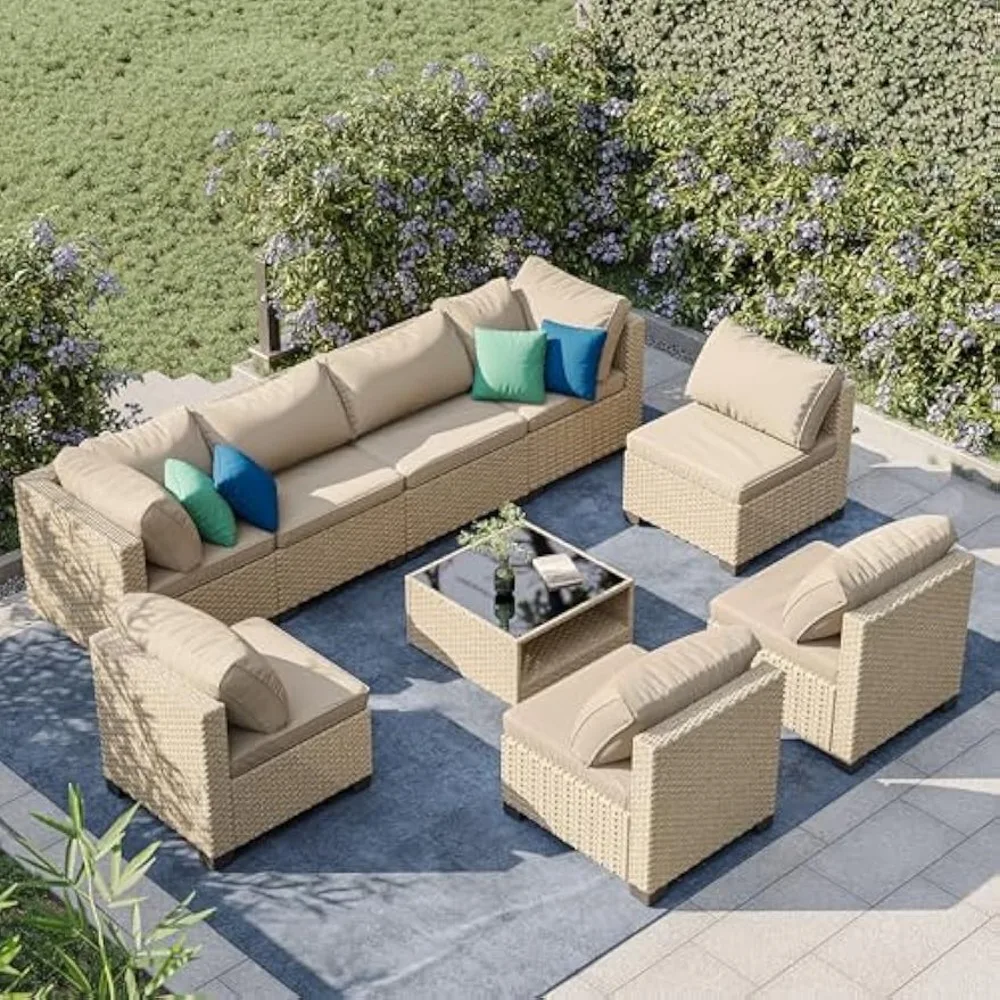 

9-Piece Patio Furniture Set, Outdoor Conversation Set Sectional Sofa with Water Resistant Beige Thick Cushions and Storage